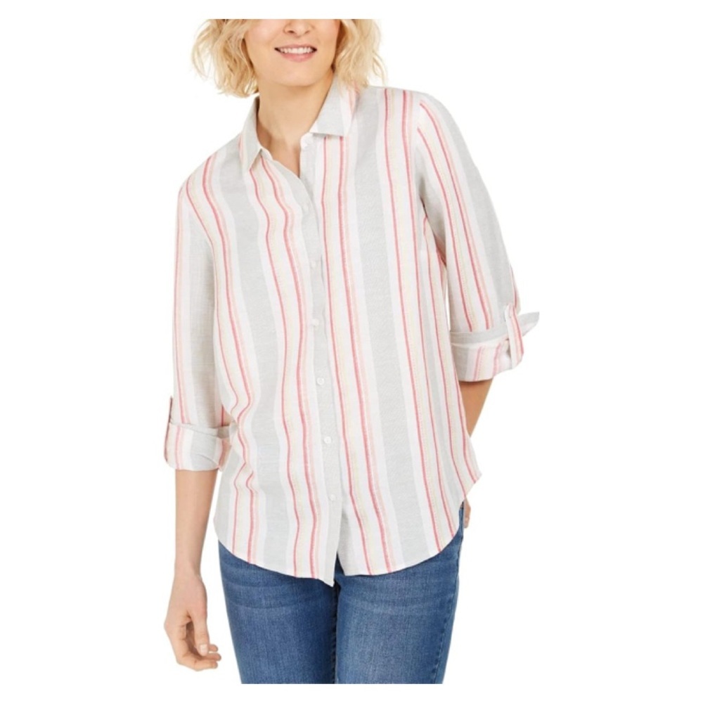 Charter Club Striped Linen Button Down Shirt Petite Large PL